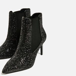 Zara high heel ankle boots with black glitter NWT